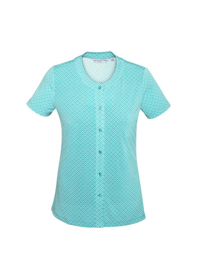 Advatex Ladies Leah Button Knit Top in Dynasty Green, featuring a round neckline, button front, and diamond design print.