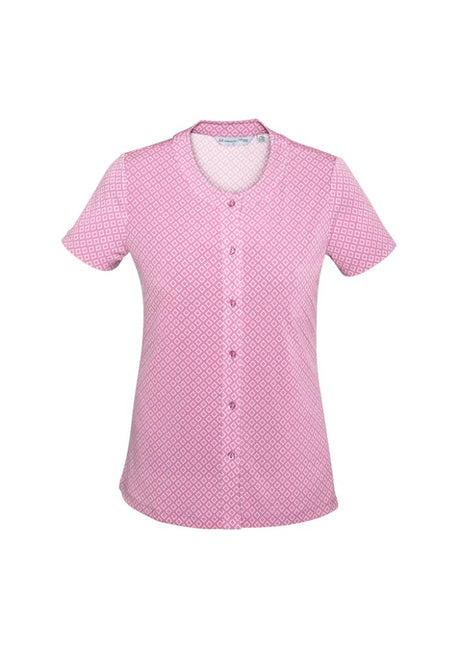 Vibrant melon knit top with button front, diamond design, semi-fitted, ideal for stylish everyday wear in various sizes.