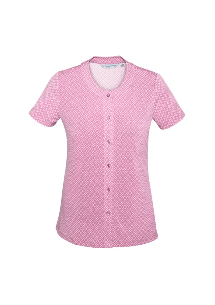 Melon-colored semi-fitted button knit top with diamond print, offering comfort and antimicrobial properties, size 16.