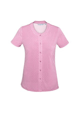 Vibrant melon-colored Advatex Leah Button Knit Top with button front and diamond design, perfect for casual or professional wear.