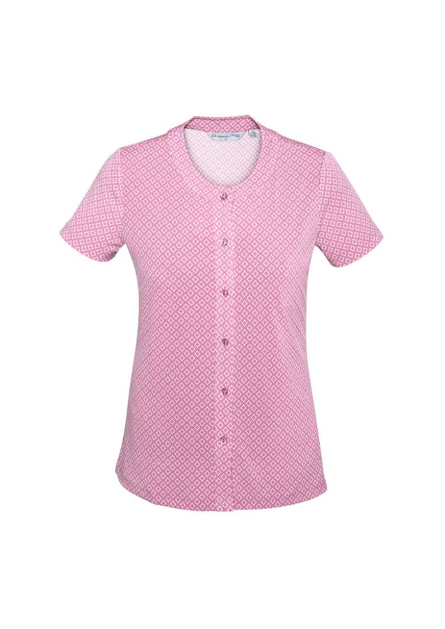 Vibrant melon-colored Advatex Leah Button Knit Top with button front and diamond design, perfect for casual or professional wear.