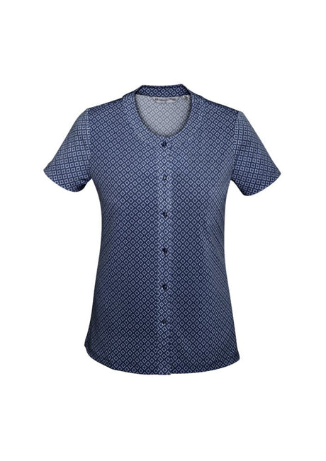 Navy semi-fitted button knit top for ladies, featuring a diamond design and crafted from a soft, antimicrobial fabric.