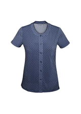 Navy semi-fitted button knit top with diamond design, crafted for comfort and style, perfect for work or casual wear.