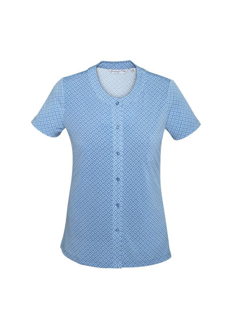 Advatex Ladies Leah Button Knit Top in Delta Blue, semi-fitted with a button front and stylish diamond design print.