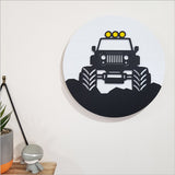 Modern 30cm circular wall art made from ACM and acrylic, ideal for nurseries or bedrooms, featuring easy hanging.