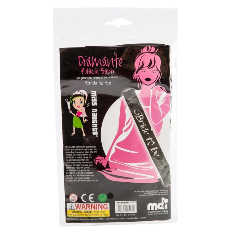 Bride To Be sash in black with LED lights, silver glitter text, perfect for Hens Nights and bridal celebrations.