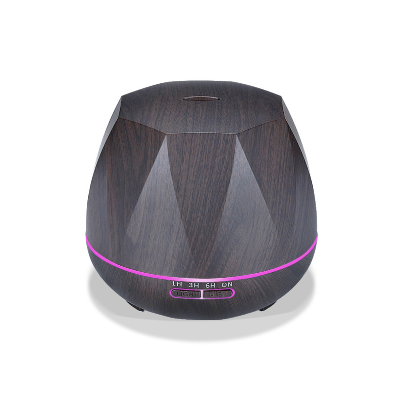 Stylish dark wood hexagonal aroma diffuser with 550ml capacity, multi-color lights, and remote control for soothing scents.