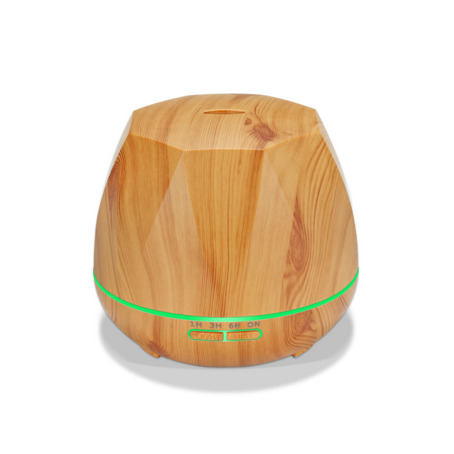 Aroma diffuser in light wood with hexagonal design, 550ml capacity, multi-color lights, and remote control for easy use.