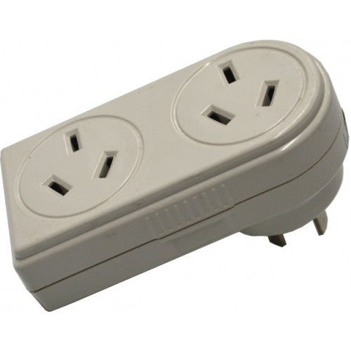 Horizontal double adaptor Xcel #Lao28b, 10amp, expands outlets, fits two plugs without blocking adjacent sockets.