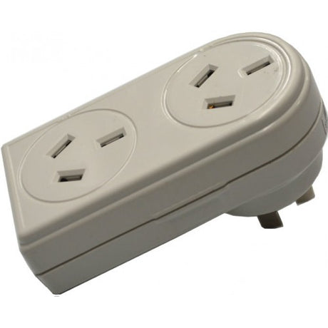 Vertical double adaptor with 10amp capacity, allowing multiple device connections while keeping outlets organized and safe.