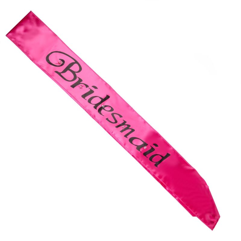 Hot pink bridesmaid sash with LED lights, featuring bold black text, ideal for celebrations and parties.