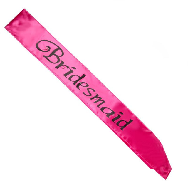 Hot pink bridesmaid sash with LED lights, featuring bold black text, ideal for celebrations and parties.