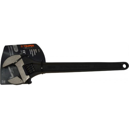 Truper 15" adjustable wrench in black oxide, made from chrome vanadium steel with precise graduation markings for accurate adjustments.