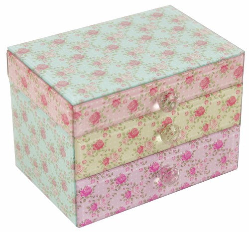 Elegant rose-themed glass chest with a top compartment and drawer for organizing jewelry and small treasures.