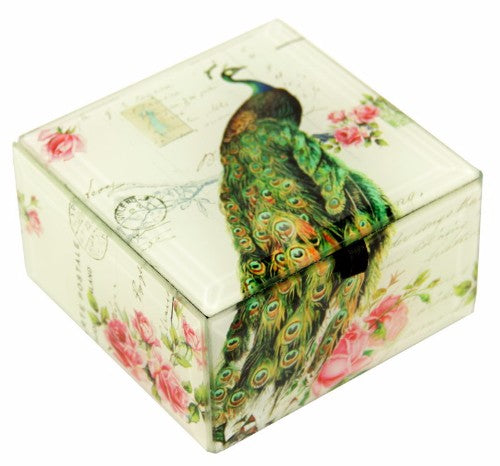 Elegant square Peacock Glass Box with intricate design, perfect for storing jewelry and enhancing home decor.