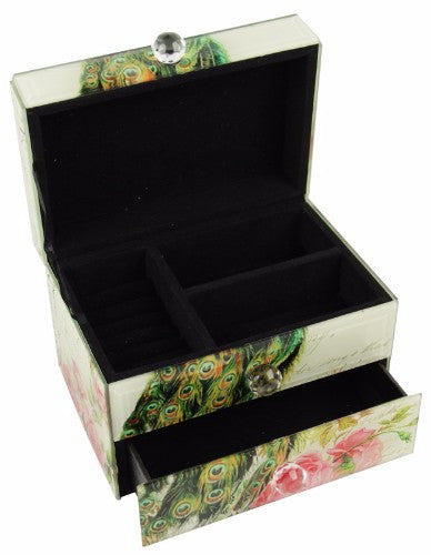 Elegant glass chest featuring a peacock design, perfect for storing jewelry and treasures with a spacious compartment and drawer.