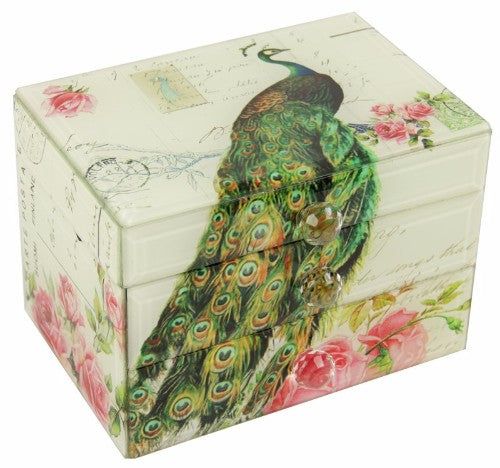 Elegant Peacock Small Glass Chest with glass top, drawer, and intricate peacock motif for stylish storage and decor.