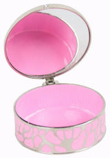 Elegant pewter trinket box with enamel sides and stylish handbag and shoe motifs on the printed glass top, measuring 9.8cm.