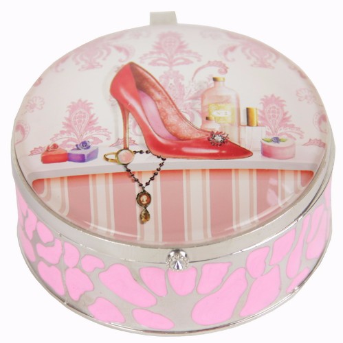 Stylish trinket box featuring handbag and shoe motifs, made of pewter with enamelled sides and a printed glass top.