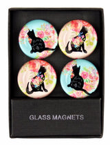 Set of 4 cat-themed magnets in a gift box, featuring unique designs, perfect for decorating and organizing.