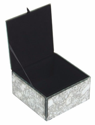 Elegant glass trinket box with a mottled mirror design, felt-lined, perfect for storing jewelry and small treasures.