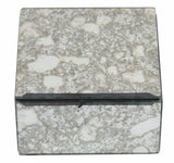 Elegant glass trinket box with a mottled mirror design, felt-lined for jewelry and treasures, measuring 10cm x 10cm x 6cm.