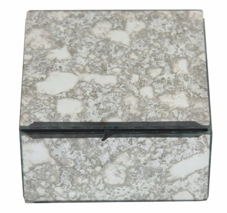 Elegant glass trinket box with a mottled mirror design, felt-lined for jewelry and treasures, measuring 10cm x 10cm x 6cm.