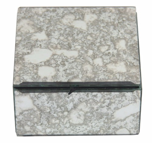 Elegant glass trinket box with a mottled mirror design, felt-lined for jewelry and treasures, measuring 10cm x 10cm x 6cm.