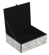 Elegant mottled mirror jewellery box with felt lining, ideal for organizing rings, necklaces, and earrings.