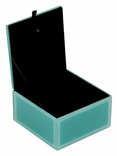 Aqua blue glass trinket box with felt lining, measuring 10 x 10 x 5.5 cm, perfect for elegant jewelry storage.