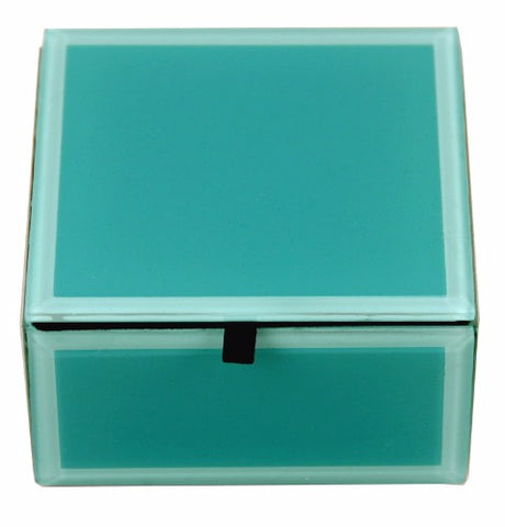 Aqua blue glass trinket box with felt lining, perfect for jewelry storage and elegant home decor. Size: 10 x 10 x 5.5 cm.