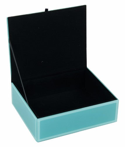 Elegant aqua blue glass jewellery box with felt lining, perfect for organizing rings, earrings, and necklaces.