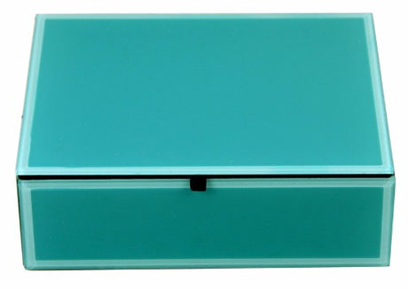 Aqua blue glass jewellery box with felt-lined interior, measuring 20x16x6.5cm, perfect for elegant jewellery storage.