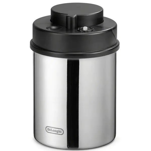 Stainless steel vacuum canister by De'Longhi, designed to keep coffee fresh up to 15 days with a built-in freshness tracker.