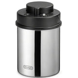 Stainless steel vacuum canister by De'Longhi, designed to keep coffee fresh up to 15 days with a built-in freshness tracker.