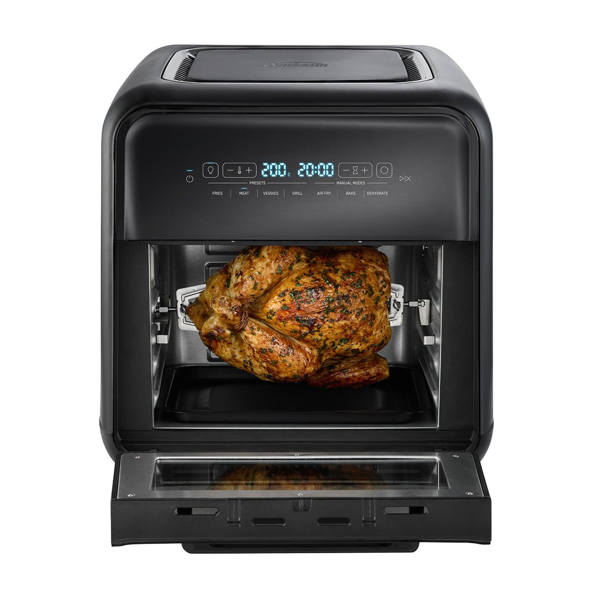 All In One Air Fryer Oven by Sunbeam in black, featuring 10 accessories, 360° air circulation, and digital controls for versatile cooking.