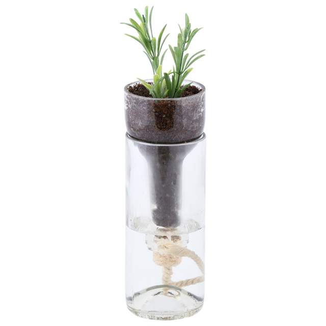 Set of 2 self-watering planters made from recycled glass, perfect for effortlessly hydrating indoor plants.