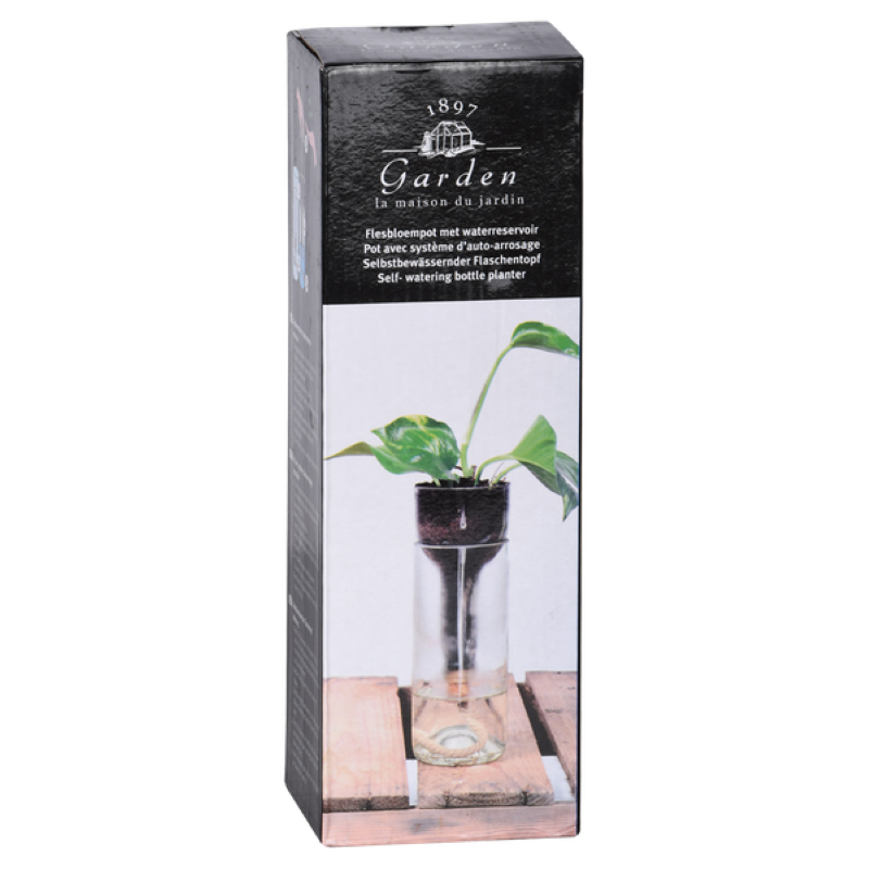 Self-watering bottle planter set of 2, recycled glass, 7x7x22cm, ideal for hassle-free plant care and modern decor.