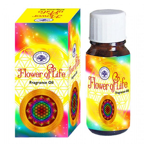 10ml bottle of Green Tree Flower Of Life Oil, a fragrant blend for diffusers and oil burners promoting relaxation and harmony.