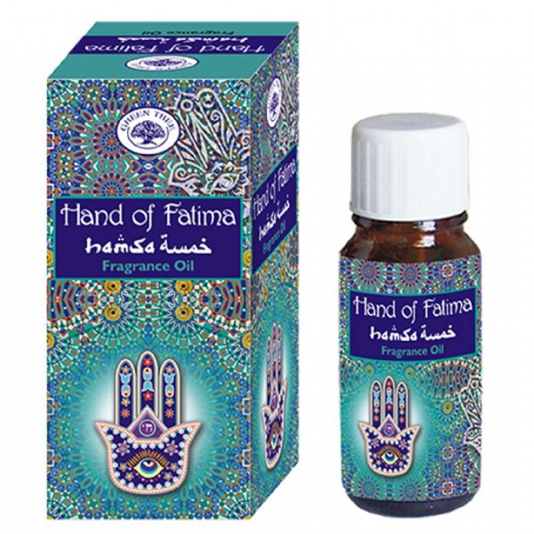 10ml bottle of Green Tree Hands of Fatima Oil, a soothing fragrance for aromatherapy and creating a tranquil ambiance.