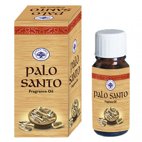 Green Tree Palo Santo Oil 10ml, a calming essential oil for aromatherapy and wellness, sourced from sustainably harvested wood.