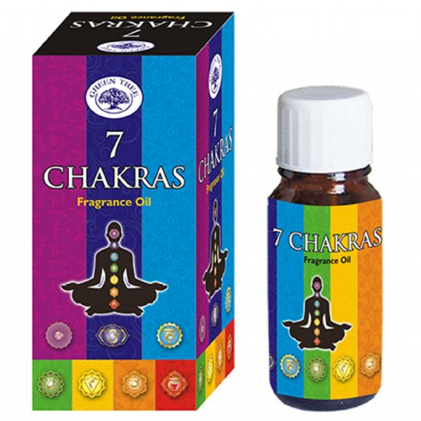 Green Tree 7 Chakras Oil in a 10ml bottle, promoting balance, relaxation, and spiritual enhancement through aromatherapy.