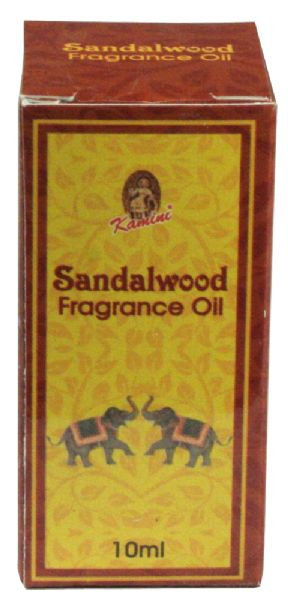 10ml bottle of Kamini Sandalwood Aroma Oil, promoting relaxation and serenity with its rich, woody fragrance for aromatherapy.