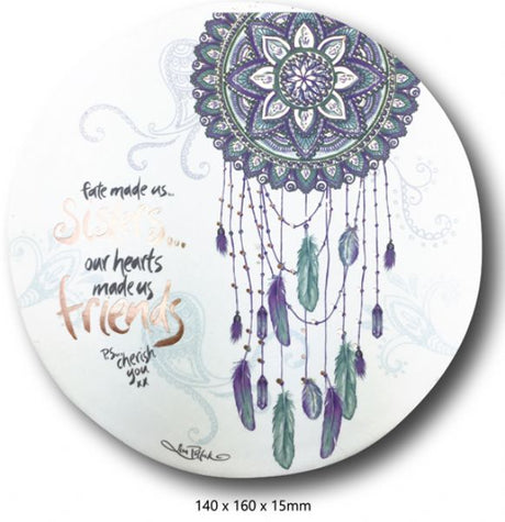 Decorative dream catcher by Lisa Pollock in vibrant colors, promoting sweet dreams and positive energy for any room.