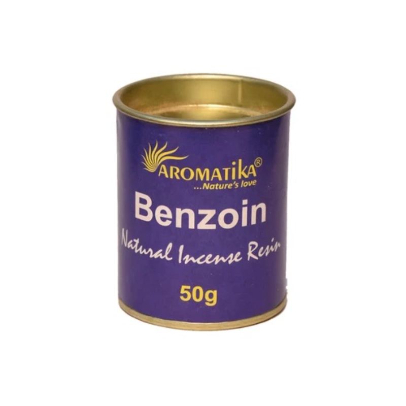 Aromatika Benzoin Resin (50g) in a tin, offering a warm, sweet fragrance for relaxation, meditation, and air purification.