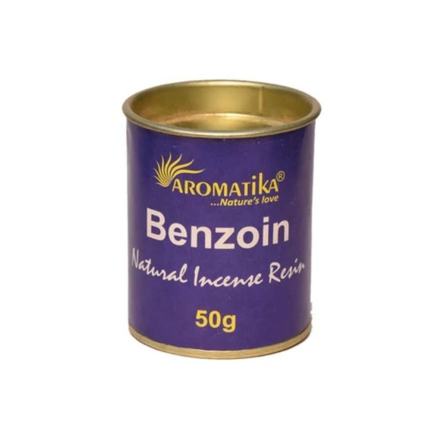 Aromatika Benzoin Resin (50g) in a tin, offering a warm, sweet fragrance for relaxation, meditation, and air purification.