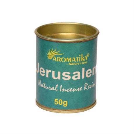 Aromatika Jerusalem Resin Incense 50gm tin, enhancing spaces with rich, natural fragrances for relaxation and spiritual practices.