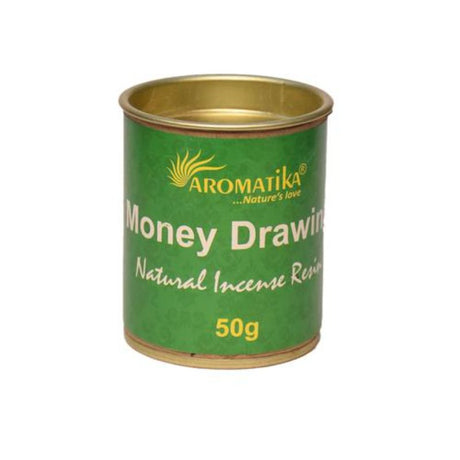 Aromatika Money Drawing Resin in a 50g tin, a natural incense for attracting prosperity and creating a calming ambiance.