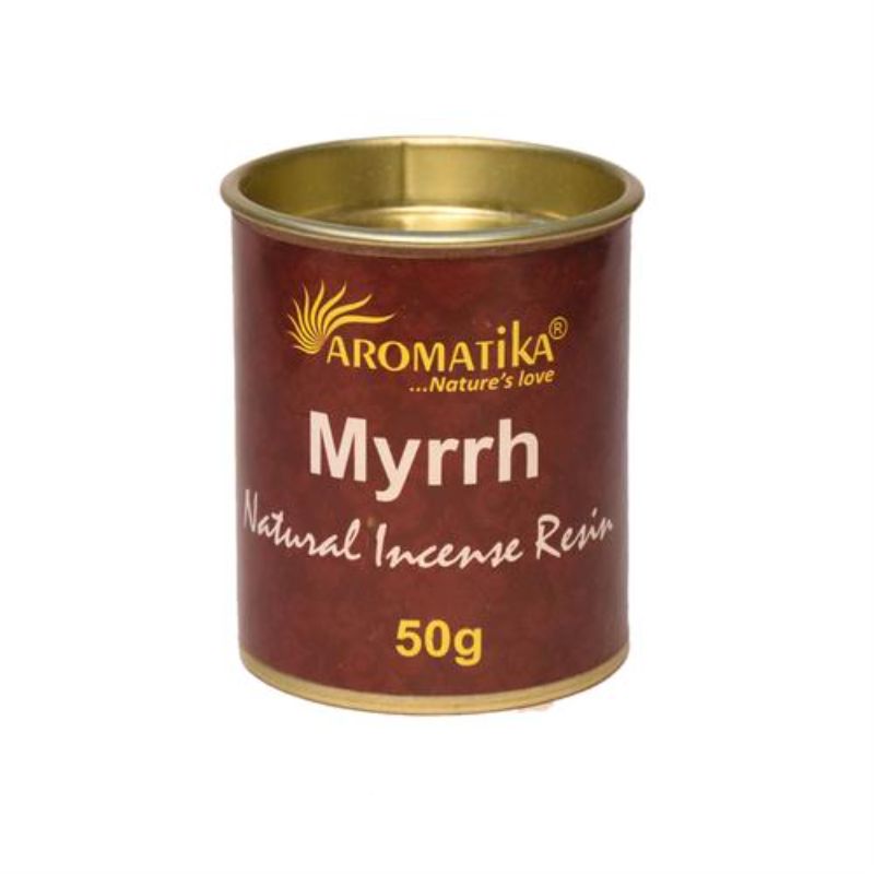 Aromatika Myrrh Resin Incense in a 50g tin, perfect for meditation and relaxation with its warm, earthy fragrance.