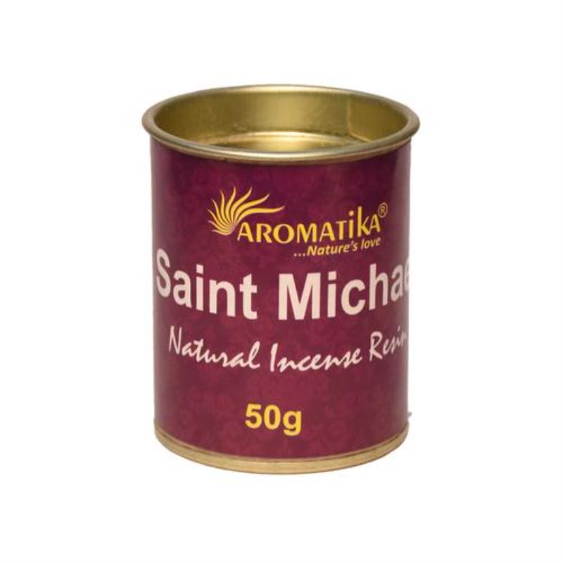 Aromatika Saint Michael Resin Incense 50g in a tin, designed for spiritual enhancement, meditation, and relaxation.